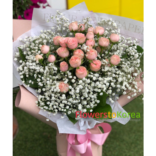10~48 Pink Rose with baby breath bouquet
