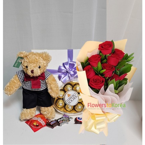 Bear & Ferrero Rocher Chocolate & florist's choice bouquet combo