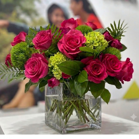 Berry red roses and green hydrangea bouquet